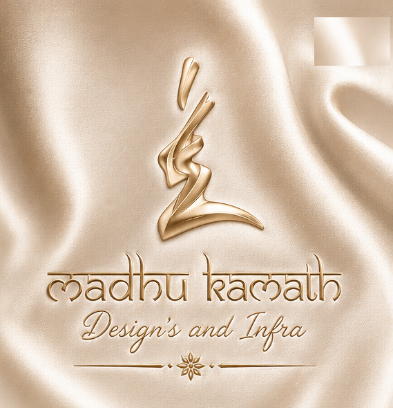 Madhu Kamath — Designs and Infra brand mark, embossed in gold on silk