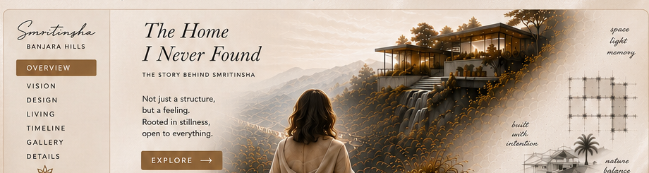 Smritinsha — a woman gazing at a hillside home with architectural sketches