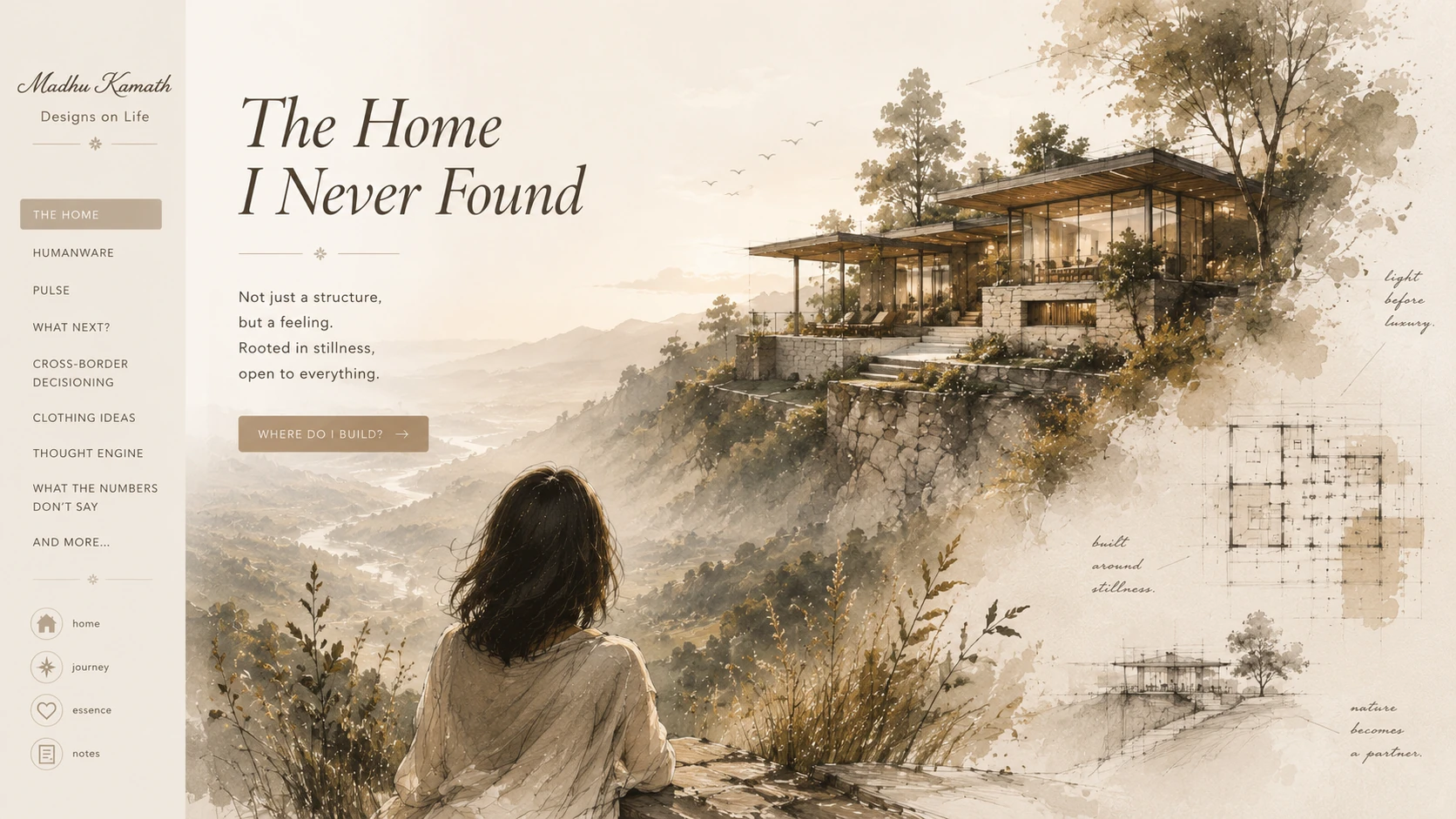 Smritinsha — a woman gazing at a hillside home with architectural sketches
